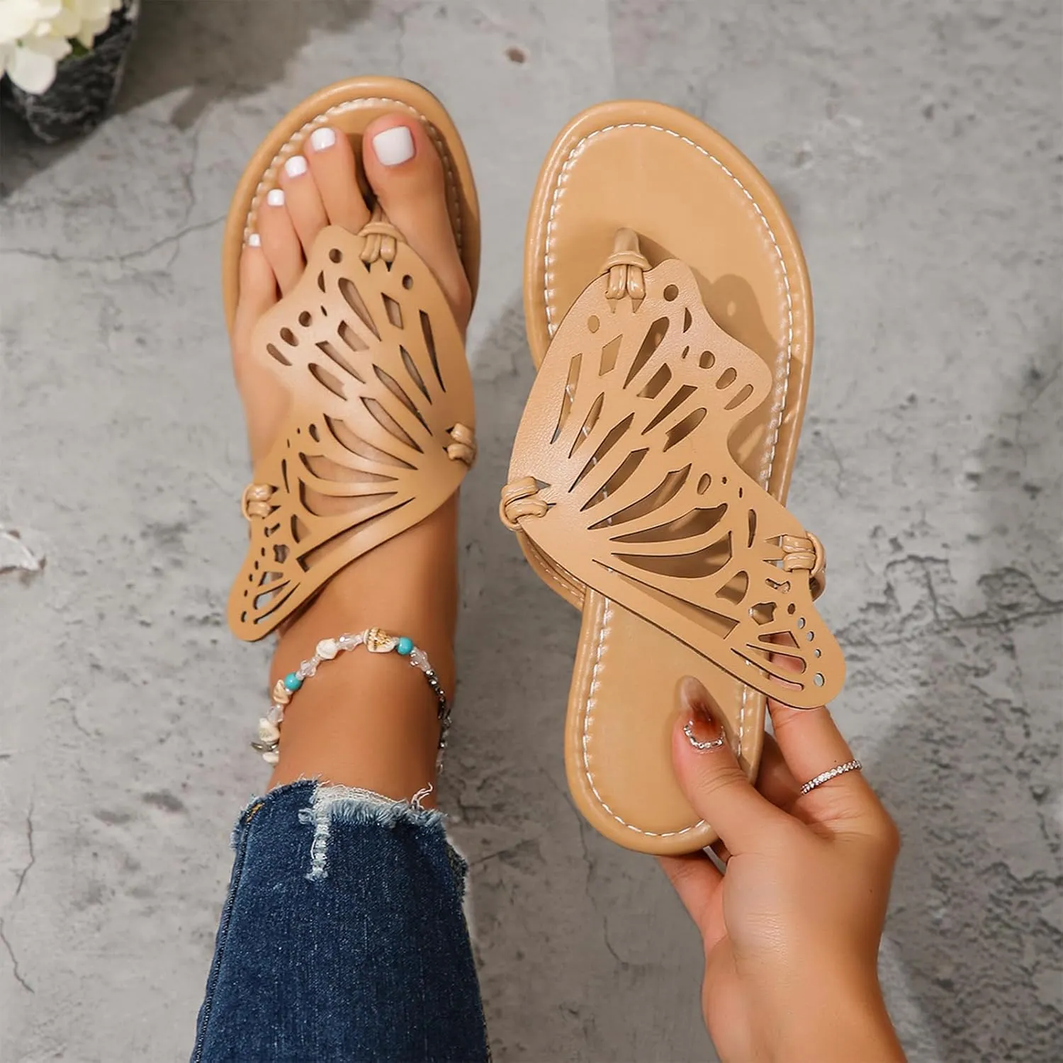UTIKLIOU Women's Thong Flat Sandals Flip Flops Sandals Casual Slip on Comfortable Slide Sandals Butterfly Embroidered Summer Beach Dress Shoes
