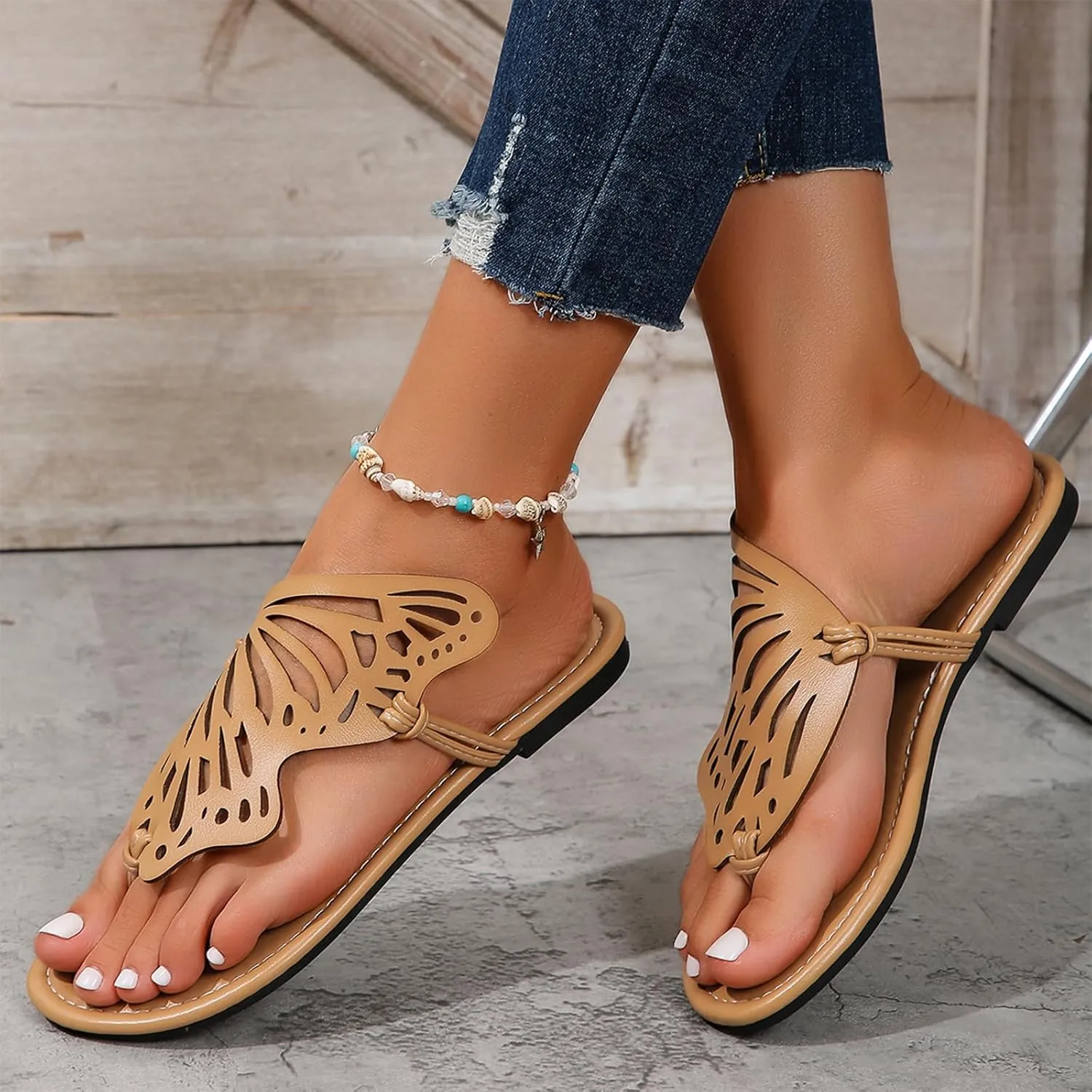 UTIKLIOU Women's Thong Flat Sandals Flip Flops Sandals Casual Slip on Comfortable Slide Sandals Butterfly Embroidered Summer Beach Dress Shoes