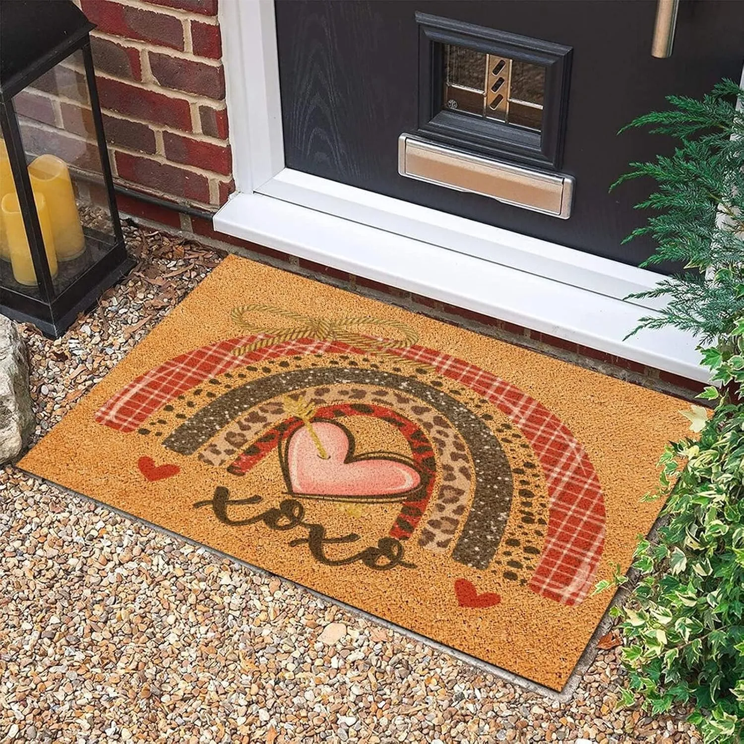 Valentine's Day XOXO Floor Doormat Coir Fiber Welcome Mats Outdoor Cute Rainbows Love Entrance Shoe Mat Yoga Gift Rustic Indoor Pets Entryway Decor 24x36in