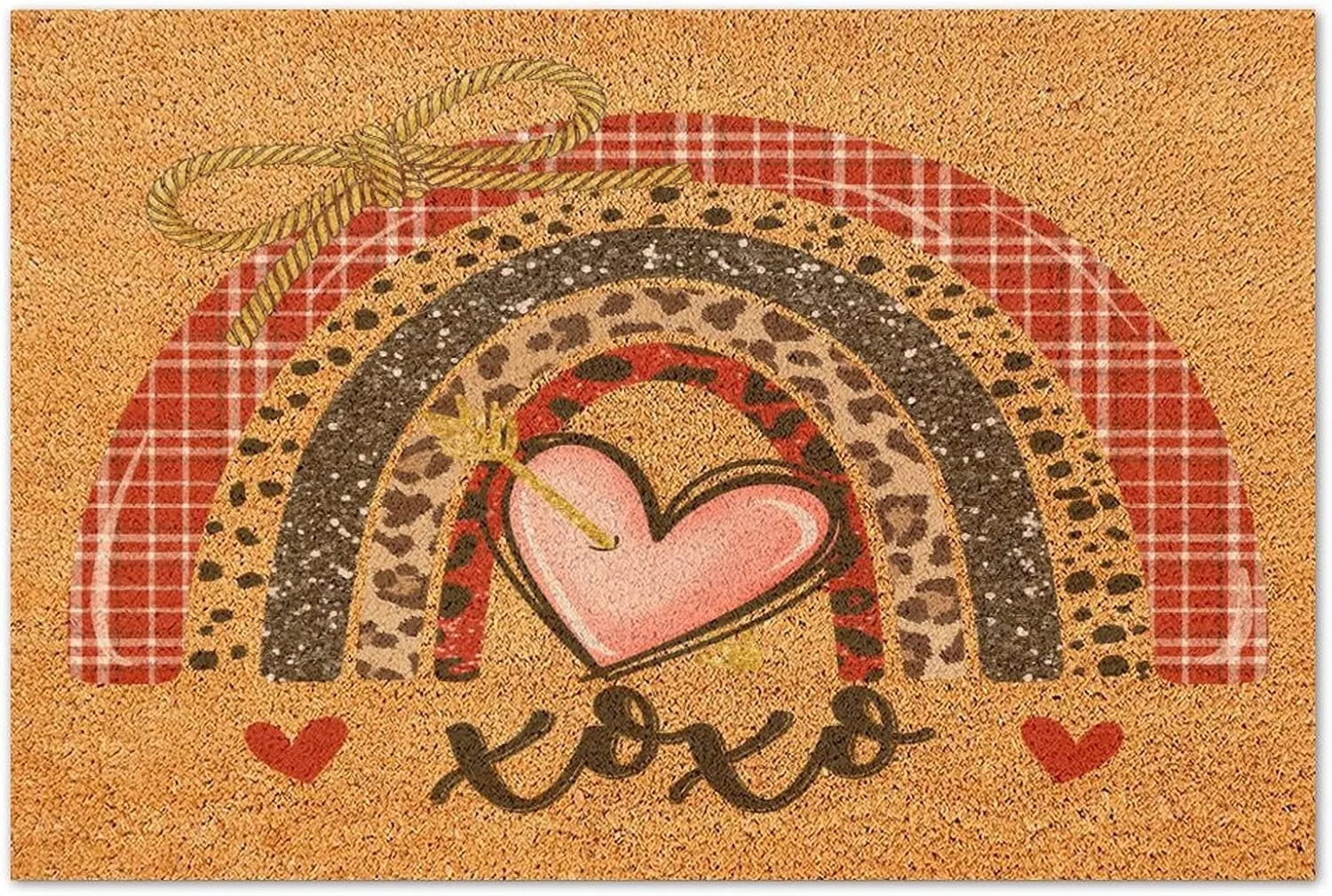 Valentine's Day XOXO Floor Doormat Coir Fiber Welcome Mats Outdoor Cute Rainbows Love Entrance Shoe Mat Yoga Gift Rustic Indoor Pets Entryway Decor 24x36in