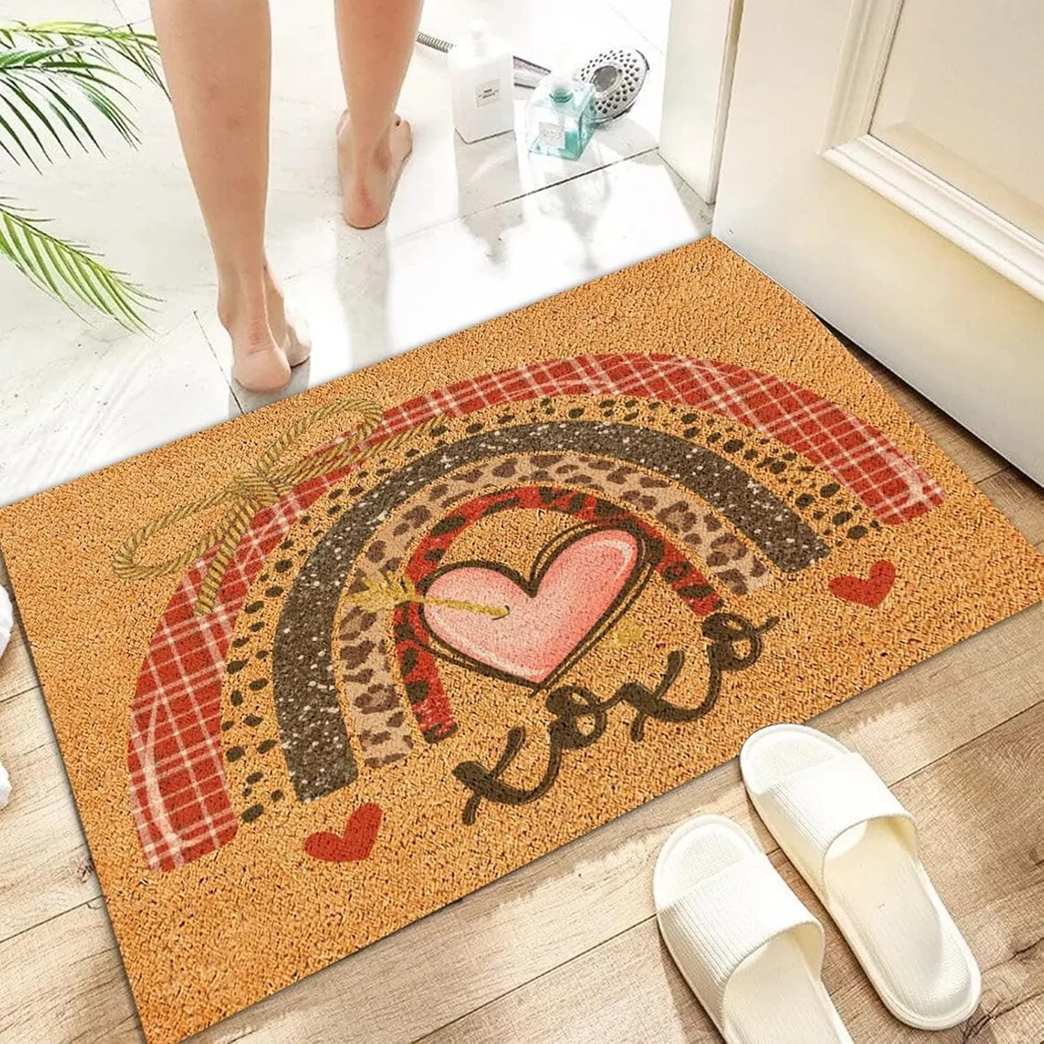 Valentine's Day XOXO Floor Doormat Coir Fiber Welcome Mats Outdoor Cute Rainbows Love Entrance Shoe Mat Yoga Gift Rustic Indoor Pets Entryway Decor 24x36in