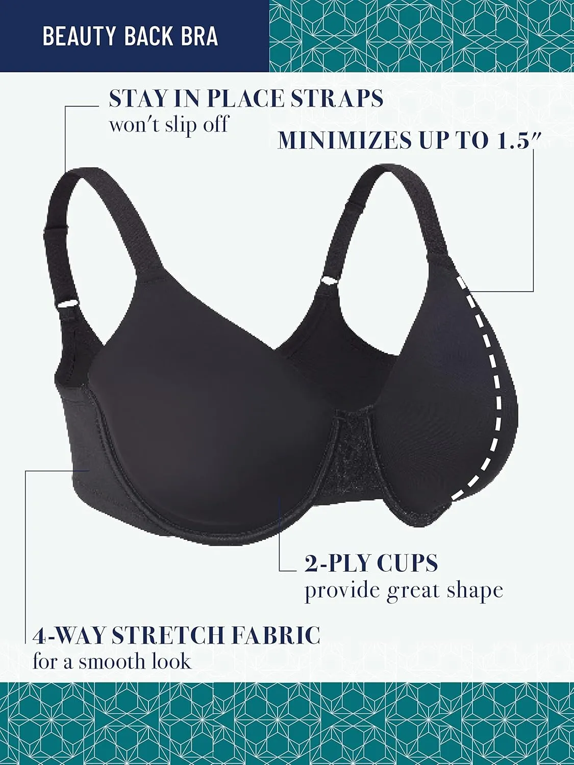 Vanity Fair Women's Beauty Back Smoothing Minimizer Bra, Minimizes Bust Line up to 1.5", Non Padded Cups up to H