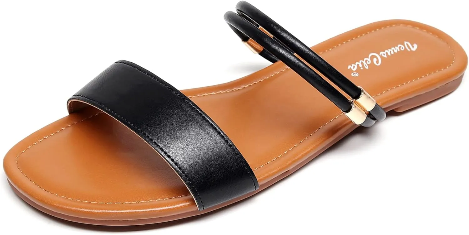 VenusCelia Women's Double Straps Wide Flat Sandal