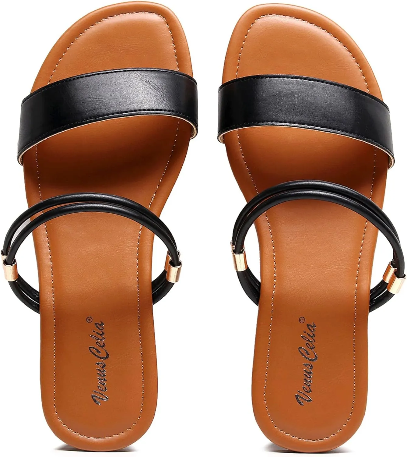 VenusCelia Women's Double Straps Wide Flat Sandal