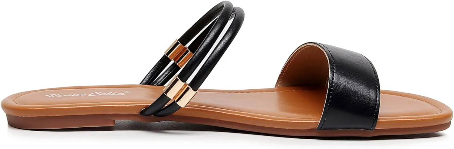 VenusCelia Women's Double Straps Wide Flat Sandal