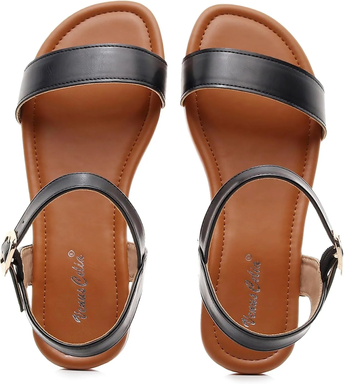 VenusCelia Women's Plain Strap Wide Flat Sandal