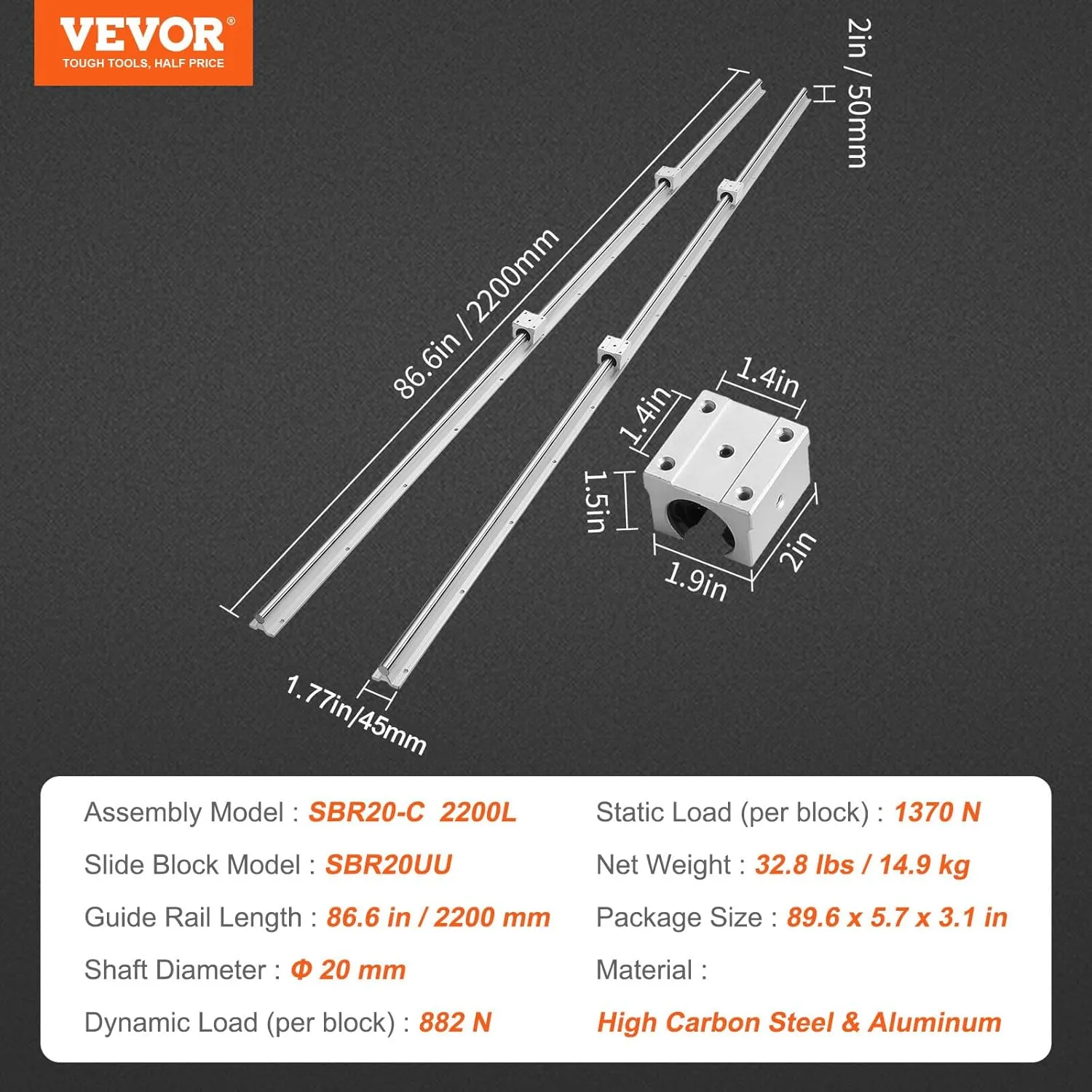 VEVOR Linear Rail, 2 PCS SBR 20-2200mm, Linear Guideway Rail, and 4 PCS SBR20UU Square Type Carriage Bearing Blocks, Linear Guide Rails for Automated Machines Equipments and DIY CNC Routers