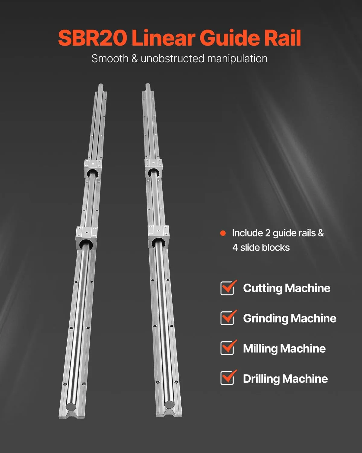 VEVOR Linear Rail, 2PCS SBR20-1500mm, Linear Slide Rail, 4 PCS SBR20UU Bearing Block CNC Kit Linear Rails and Bearings Kit CNC Rails Linear Rail Set, for Automated Machines and Equipment