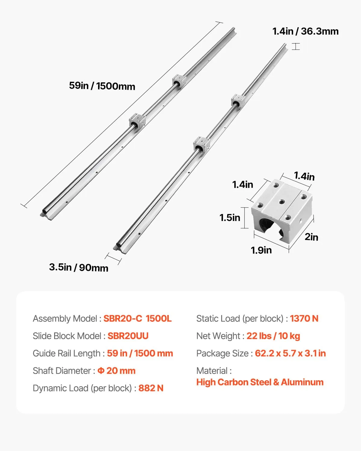 VEVOR Linear Rail, 2PCS SBR20-1500mm, Linear Slide Rail, 4 PCS SBR20UU Bearing Block CNC Kit Linear Rails and Bearings Kit CNC Rails Linear Rail Set, for Automated Machines and Equipment