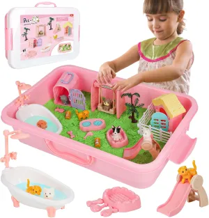 Vextronic Pet Sensory Bin for Toddlers 1-3, Dog & Cat Sandbox with Lid, Play Sand Kit with 2.2lbs Sensory Sand for Kids, Pet Sensory Box, Pretend Beach Toy Birthday Gift for Girls Boys 3 4 5 6 7 8