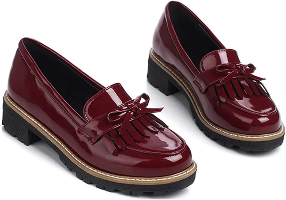 VOKLIN Women's Classic Tassels Flat Oxford Shoes Patent Leather Slip On Low Heel Bowtie School Penny Loafers