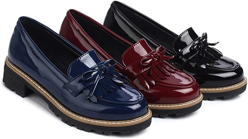 VOKLIN Women's Classic Tassels Flat Oxford Shoes Patent Leather Slip On Low Heel Bowtie School Penny Loafers