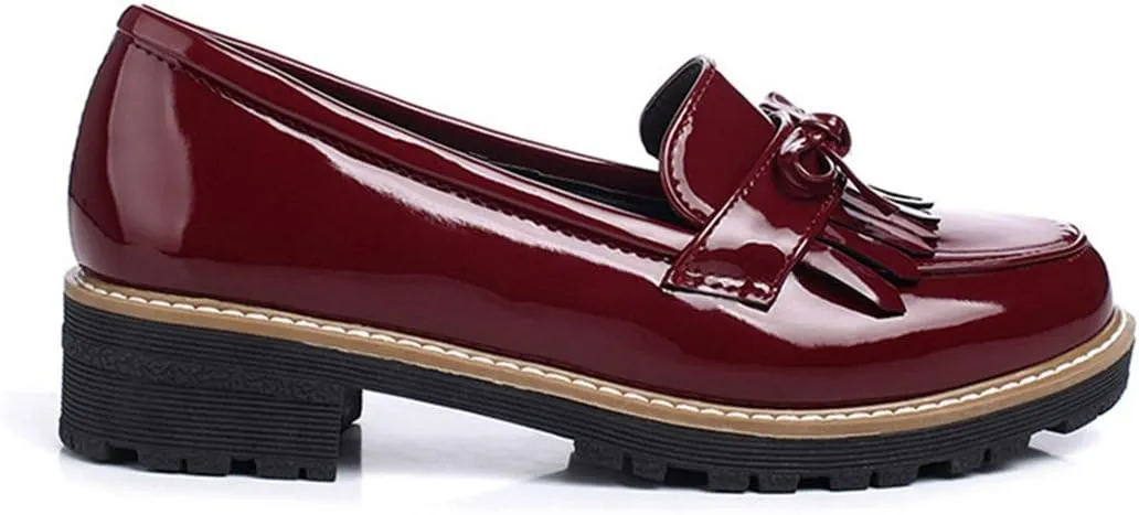 VOKLIN Women's Classic Tassels Flat Oxford Shoes Patent Leather Slip On Low Heel Bowtie School Penny Loafers