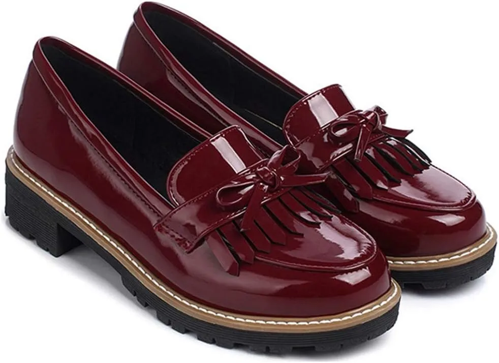 VOKLIN Women's Classic Tassels Flat Oxford Shoes Patent Leather Slip On Low Heel Bowtie School Penny Loafers