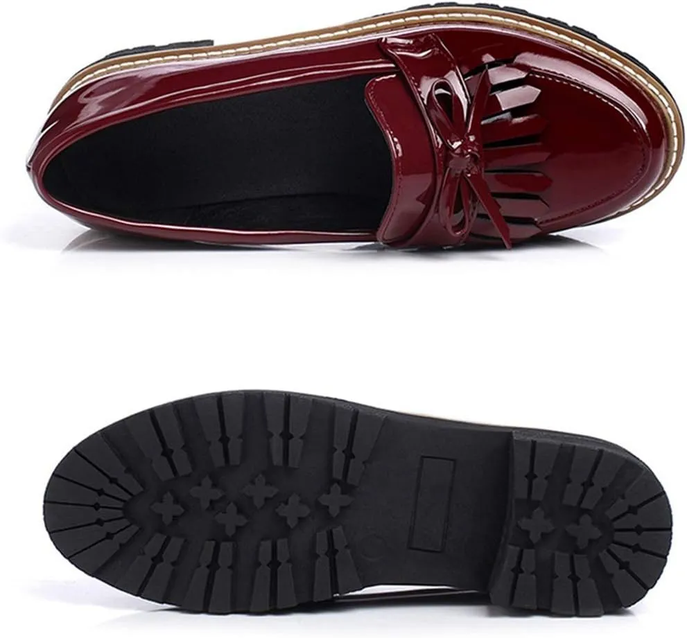 VOKLIN Women's Classic Tassels Flat Oxford Shoes Patent Leather Slip On Low Heel Bowtie School Penny Loafers