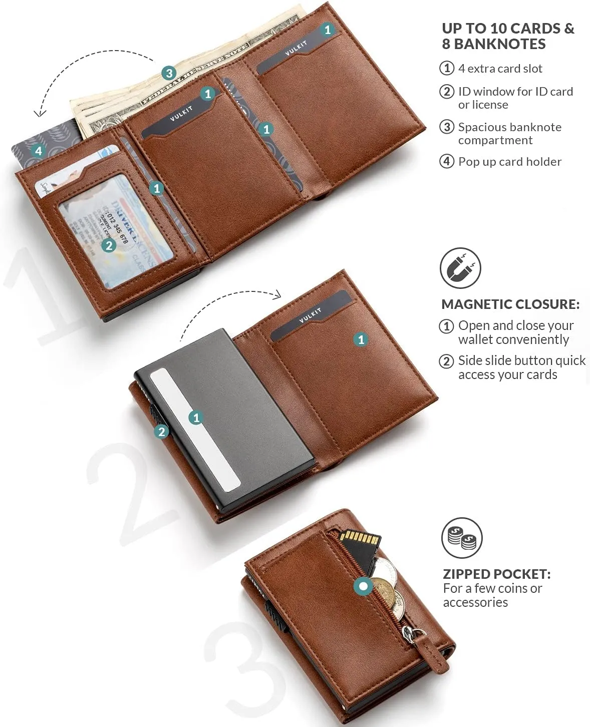 VULKIT Card Holder Wallet with Coin Pocket Magnetic Closure Pop Up Cards With ID Window Leather Wallet for Cash & Credit Cards