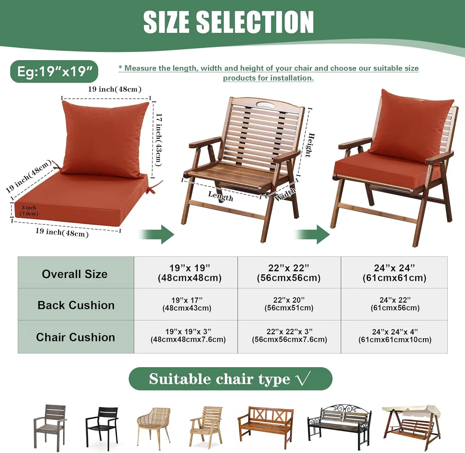 Waterproof Patio Cushions for Outdoor Furniture, Fade Resistant Back Pillow and Seat Cushion Set for Couch Replacements, 22 x 22 Inch, Rust, 1 Set