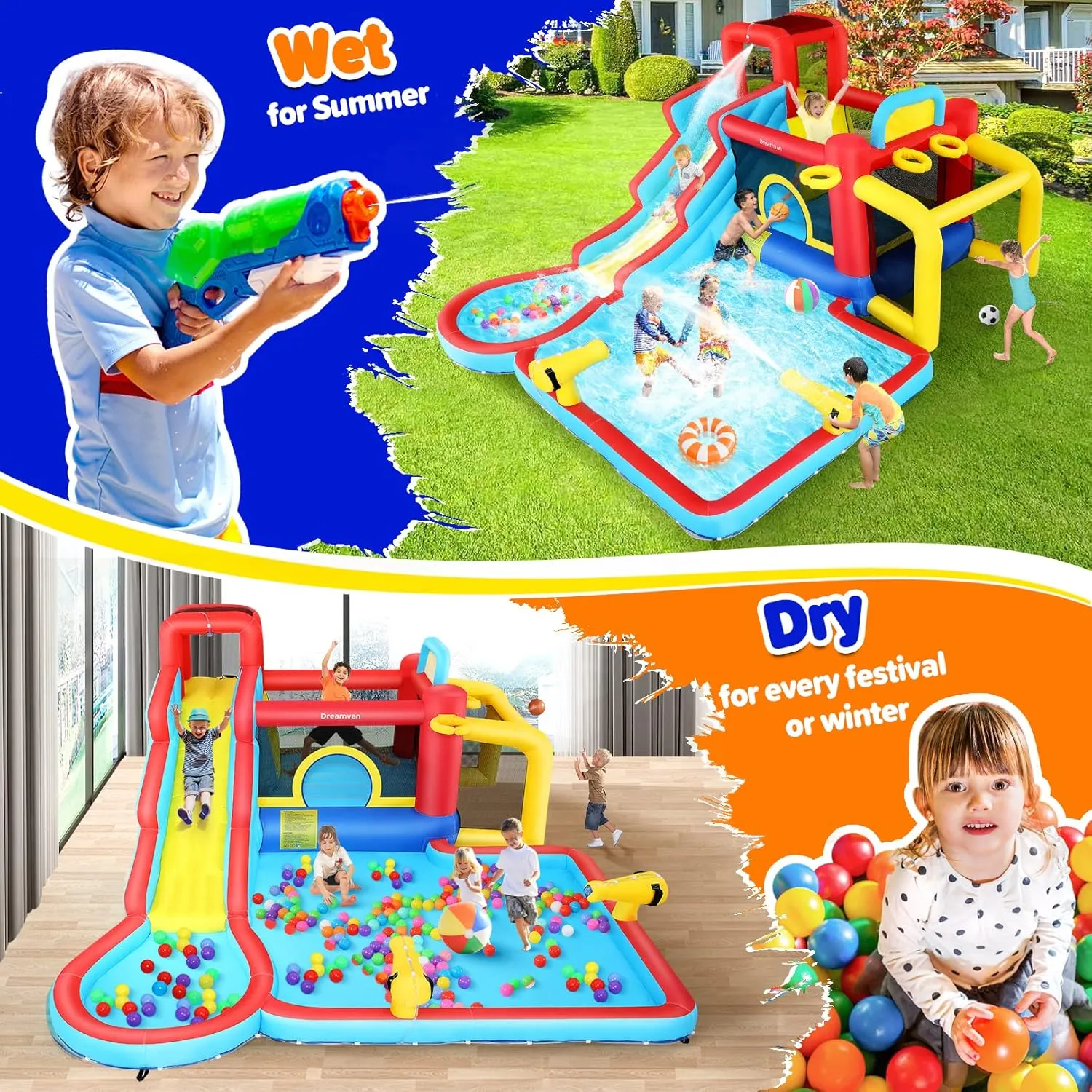 WHUBEFY Bounce House,Inflatable Water Slide Bounce Castle with Blower for Kids 3-12,Outdoor/Indoor Bouncy House Water Park for Backyard with 2 Splash Slides,Climbing Wall,Ball Pit,Jumping Area