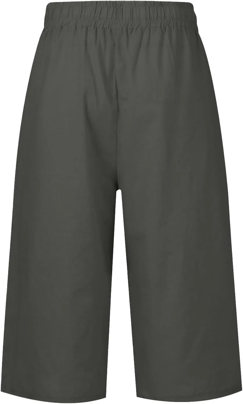 Wide Leg Capri Pants for Women Drawstring High Waisted Linen Palazzo Lounge Pants Summer Plus Size Comfy Sweatpant