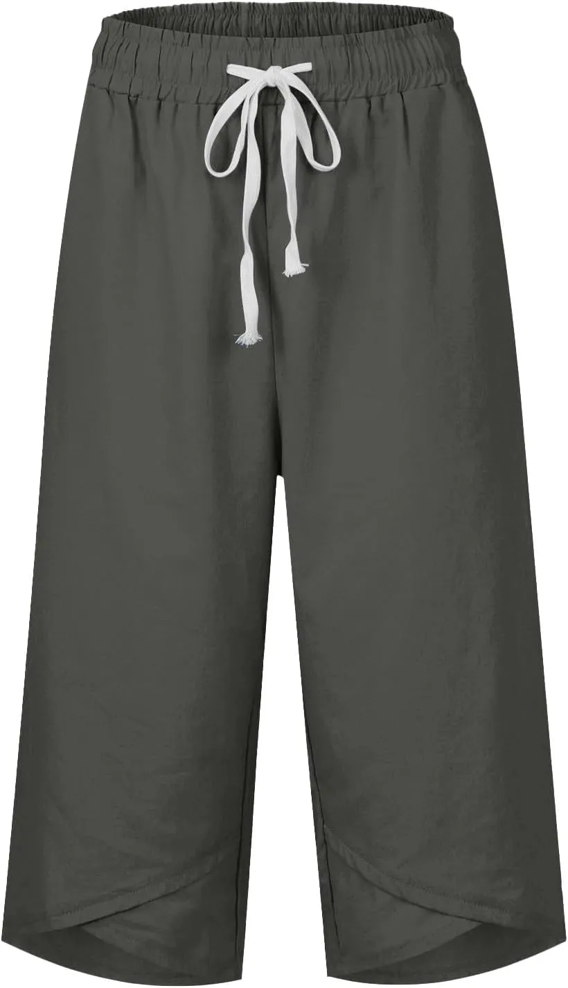 Wide Leg Capri Pants for Women Drawstring High Waisted Linen Palazzo Lounge Pants Summer Plus Size Comfy Sweatpant