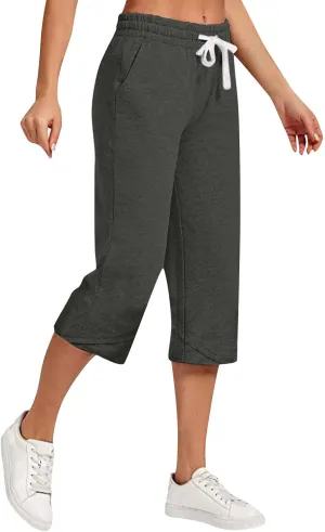 Wide Leg Capri Pants for Women Drawstring High Waisted Linen Palazzo Lounge Pants Summer Plus Size Comfy Sweatpant