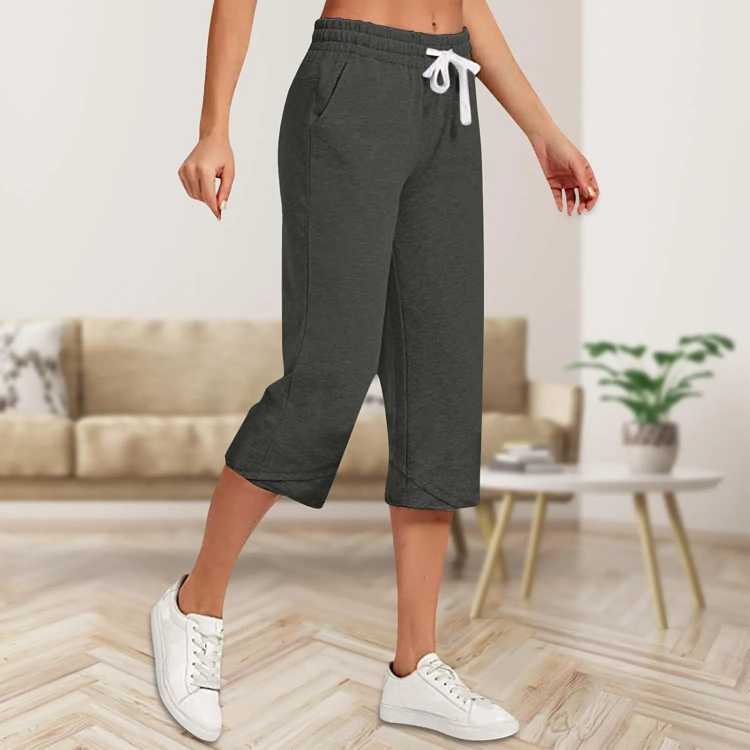 Wide Leg Capri Pants for Women Drawstring High Waisted Linen Palazzo Lounge Pants Summer Plus Size Comfy Sweatpant