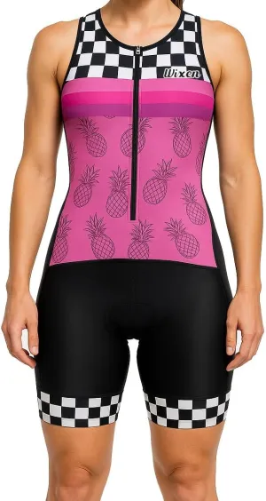 WIXEN Women's Triathlon Suit Sleeveless Tri Suit Padded Cycle Race Swim Bike Run Trisuit Back Pockets
