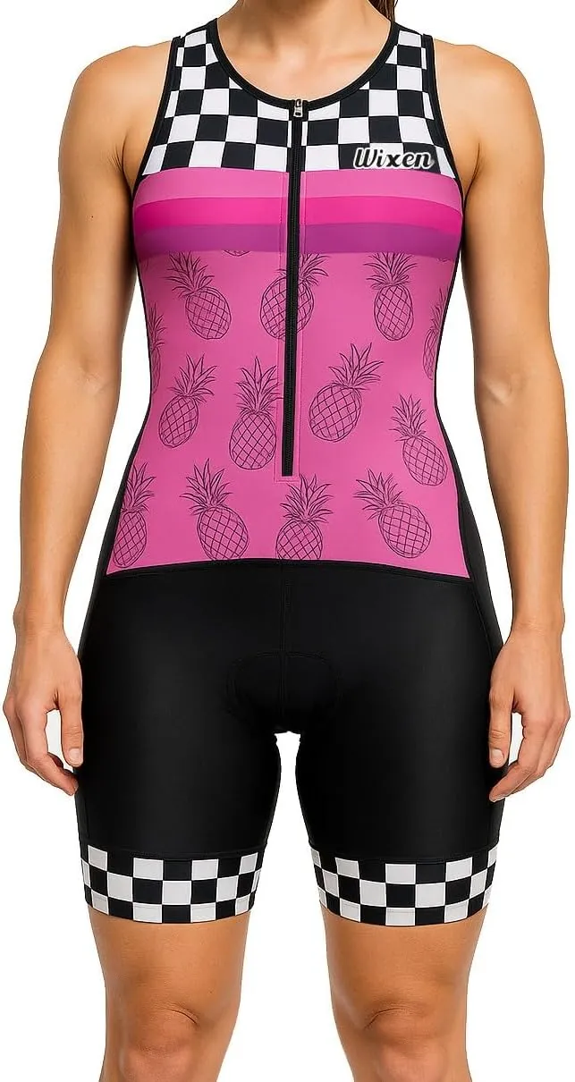 WIXEN Women's Triathlon Suit Sleeveless Tri Suit Padded Cycle Race Swim Bike Run Trisuit Back Pockets