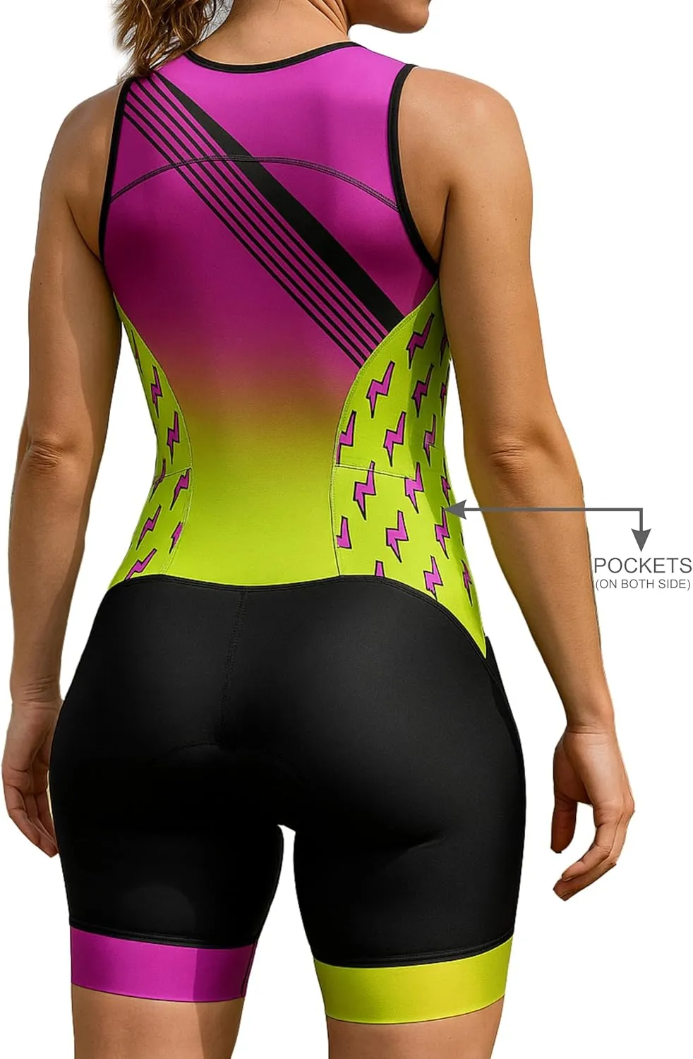 WIXEN Women's Triathlon Suit Sleeveless Tri Suit Padded Cycle Race Swim Bike Run Trisuit Back Pockets