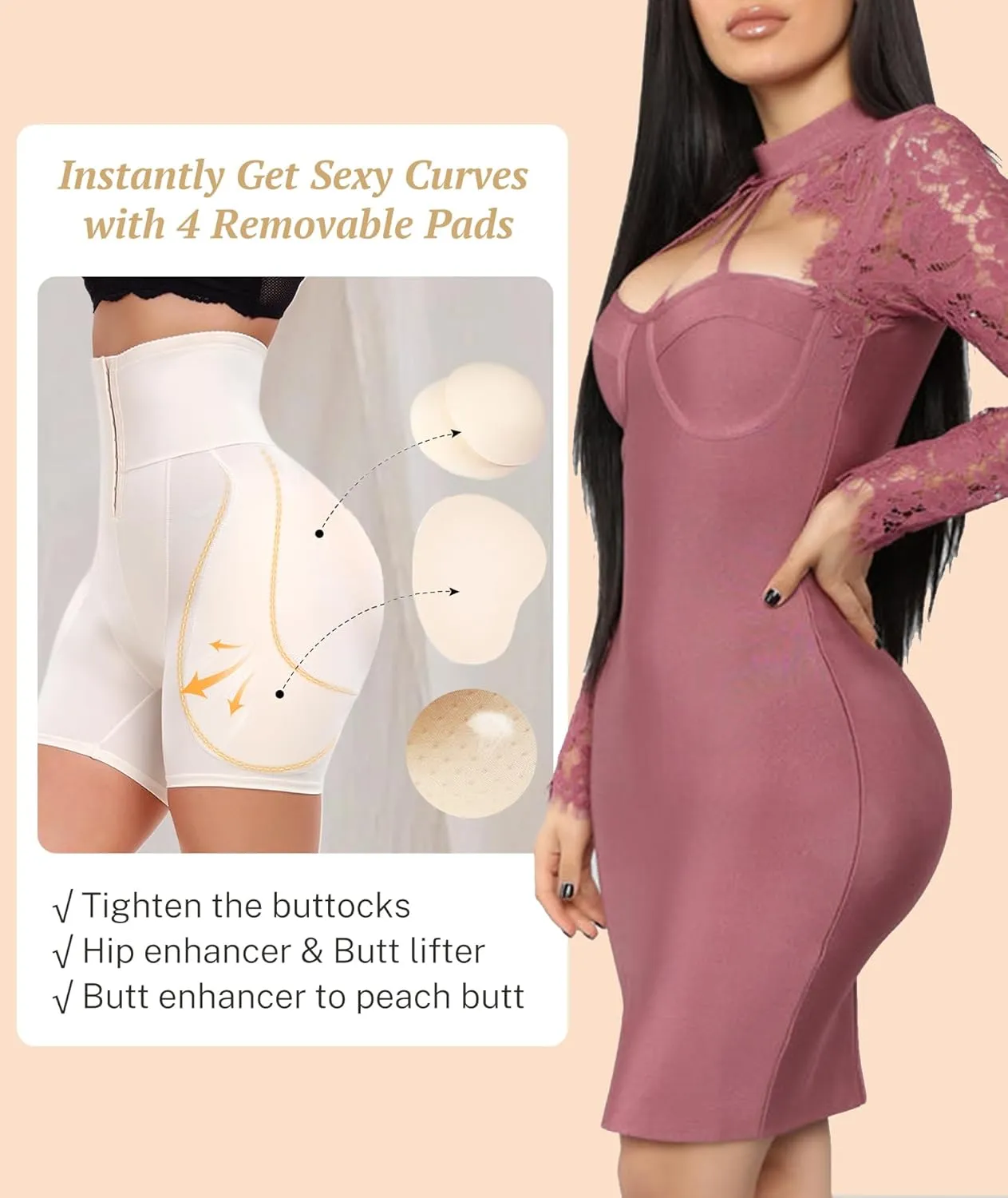 Women Hip Padded Butt Lifter Shapewear Tummy Control Shorts Hook Closure Removable 4 Pads for Bigger Butt