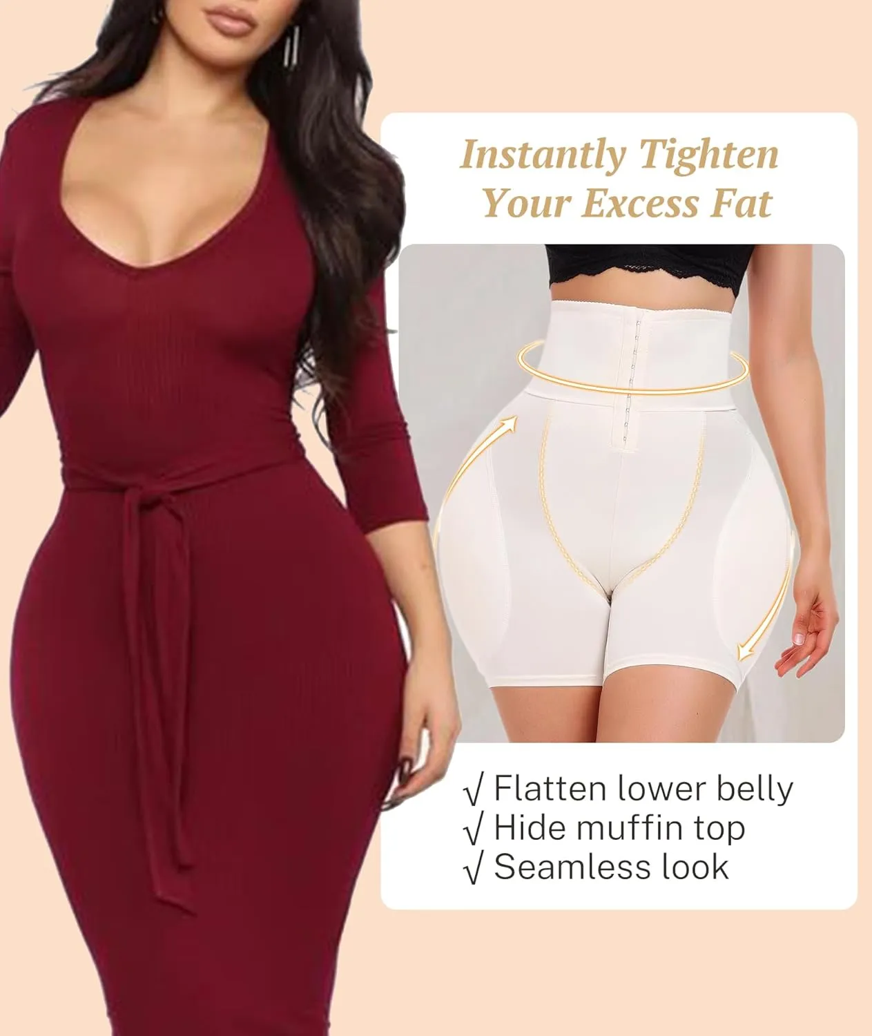 Women Hip Padded Butt Lifter Shapewear Tummy Control Shorts Hook Closure Removable 4 Pads for Bigger Butt