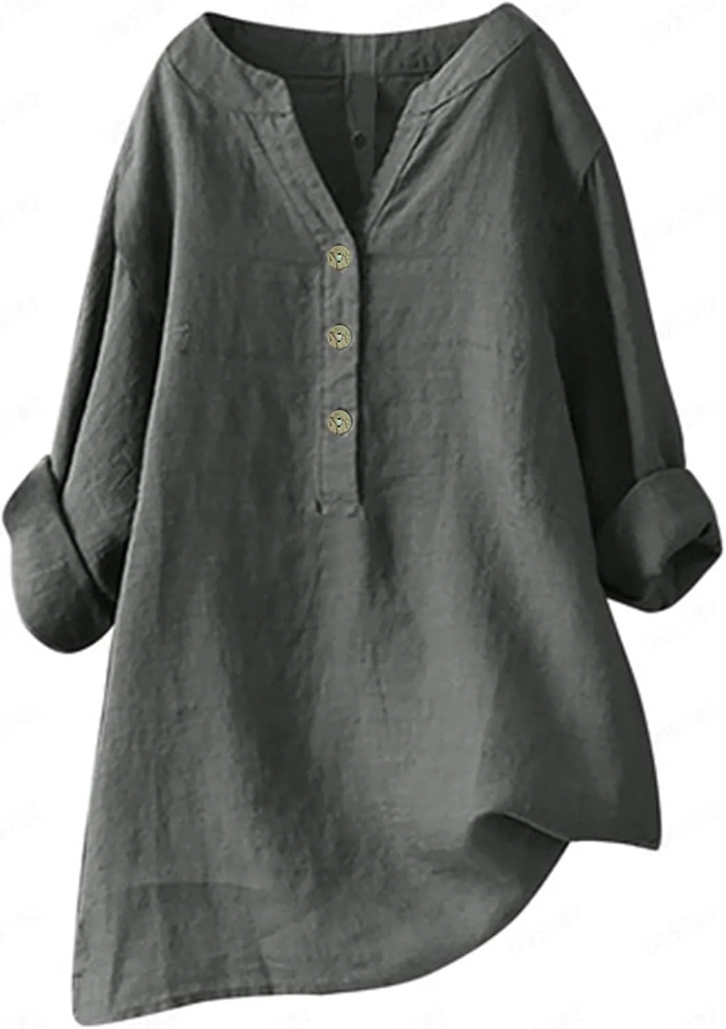 Women Short Sleeve Cotton Linen Shirt Casual Crew Neck Trendy Dressy T Shirt Buttons Loose Fit Summer Tee Top
