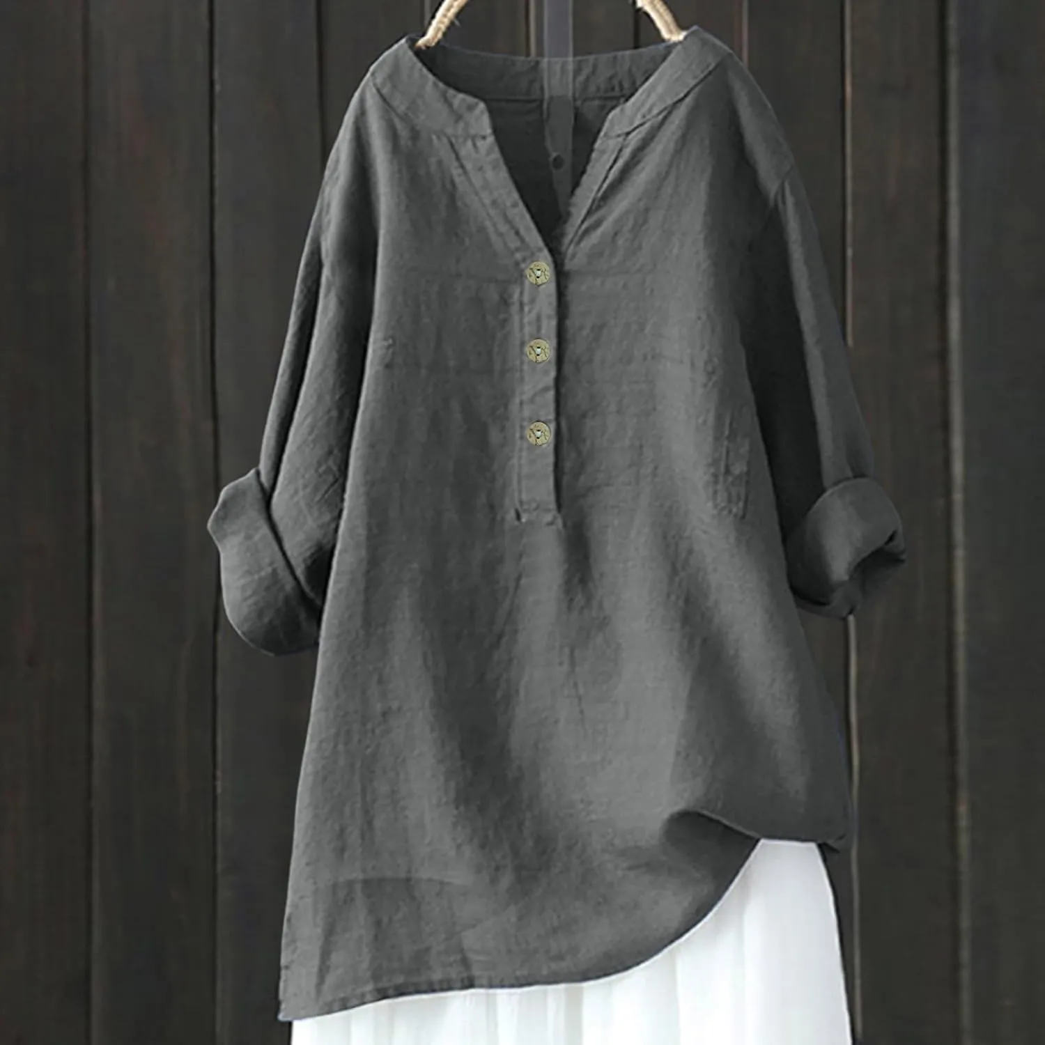 Women Short Sleeve Cotton Linen Shirt Casual Crew Neck Trendy Dressy T Shirt Buttons Loose Fit Summer Tee Top