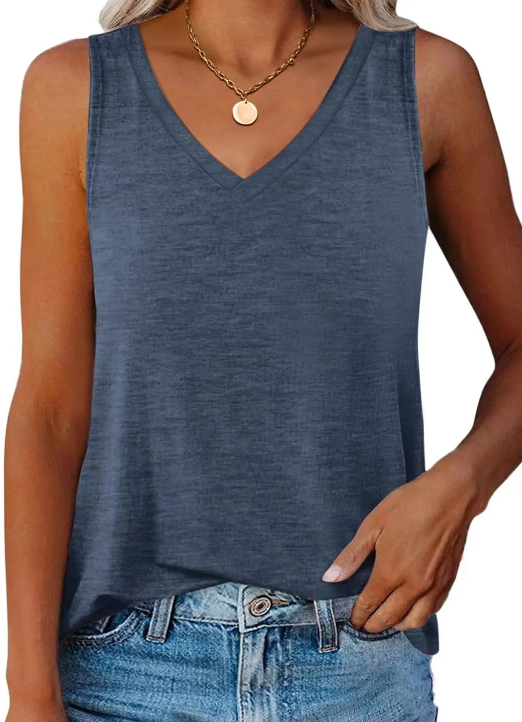 Women V Neck Tank Tops Summer Casual Curved Hem Sleeveless Loose Fit Shirts 2025