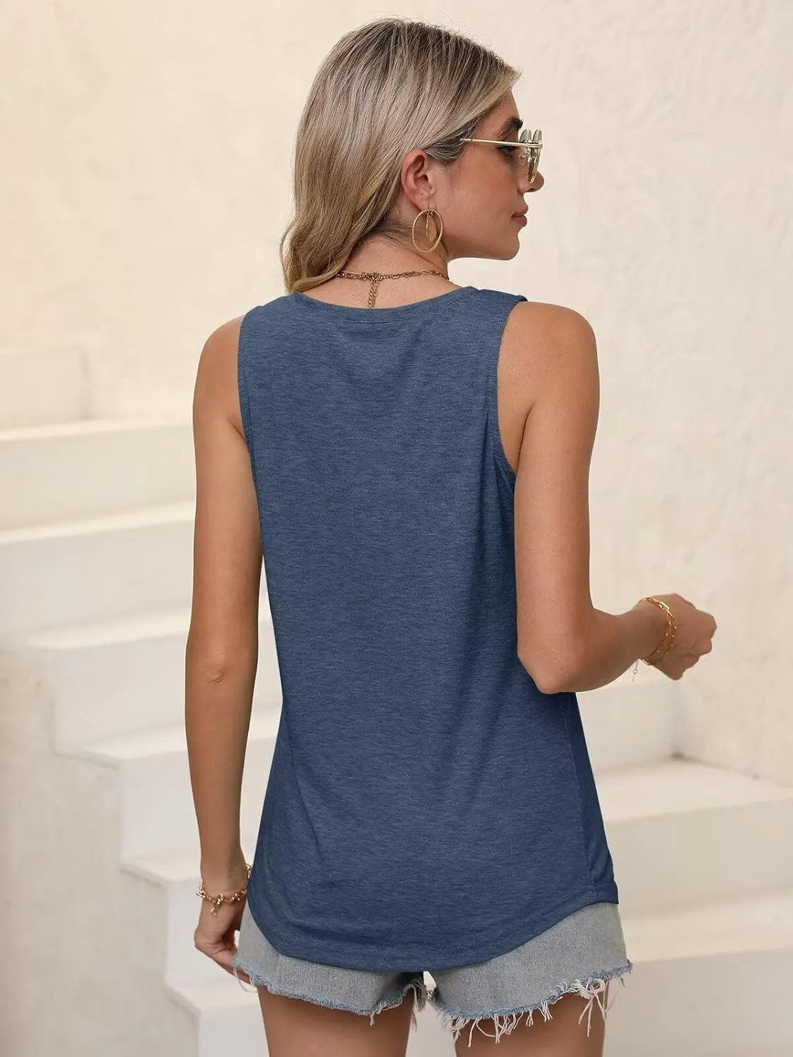 Women V Neck Tank Tops Summer Casual Curved Hem Sleeveless Loose Fit Shirts 2025