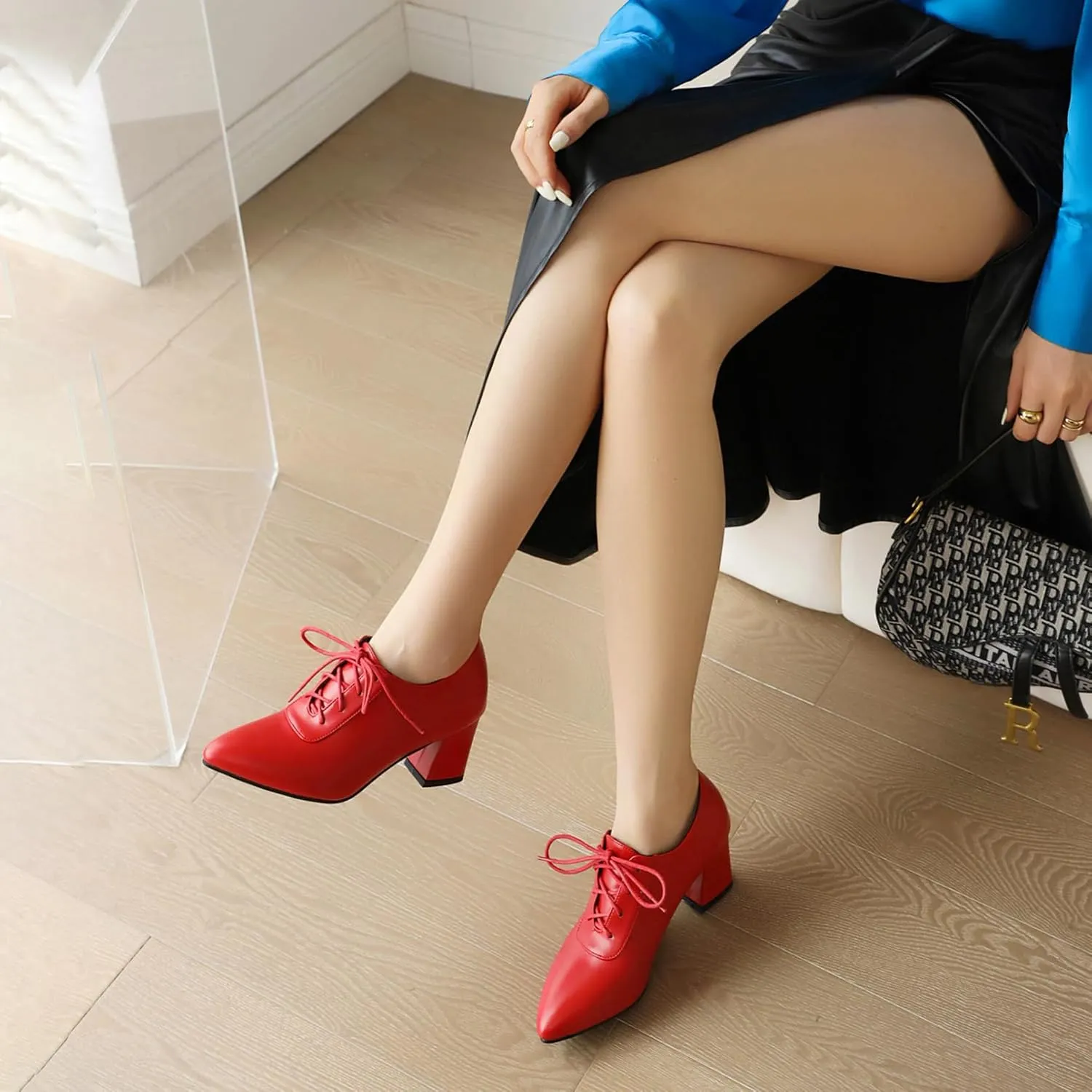 Women Vintage Chunky Heels Oxfords Pointed Toe Brogues Office Shoes