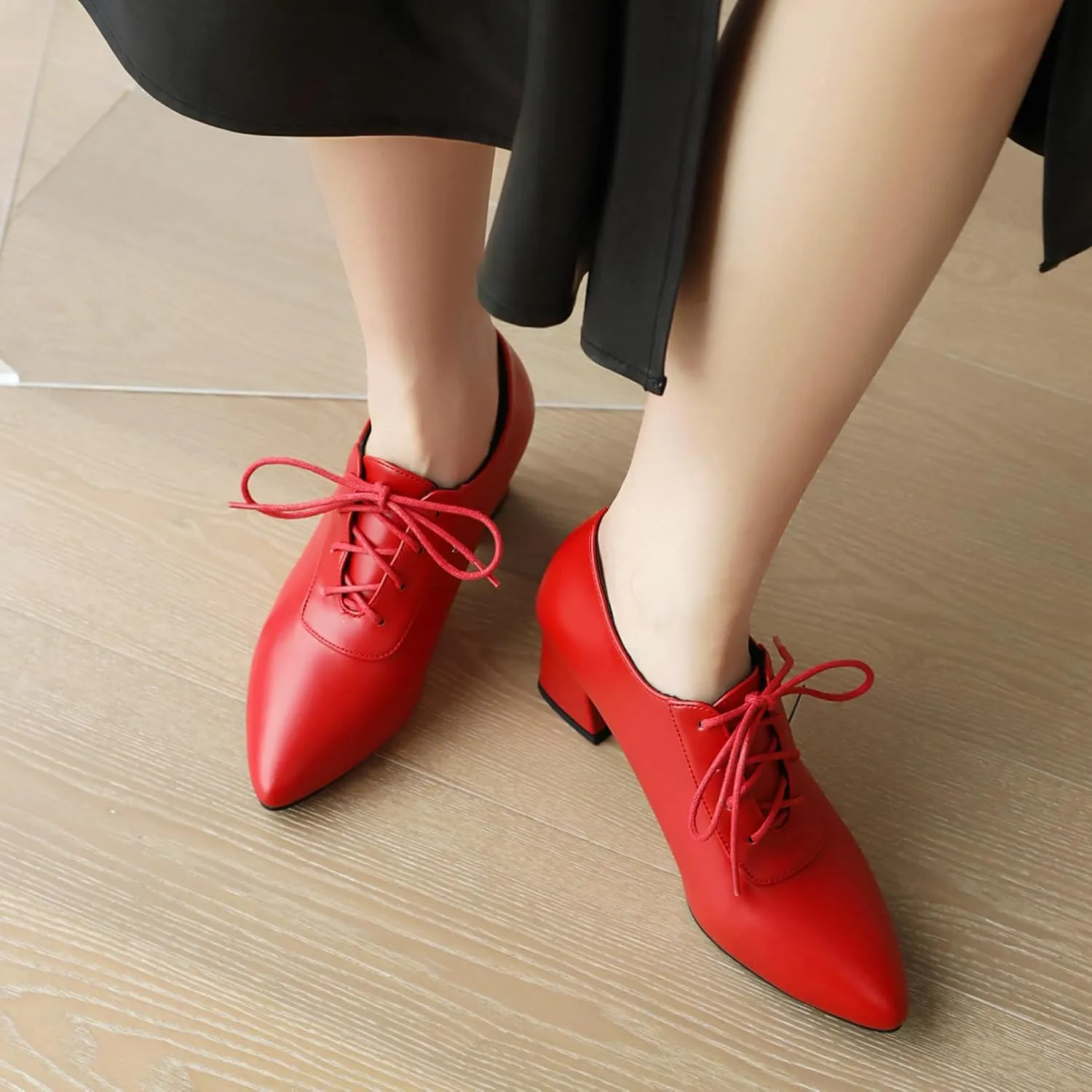 Women Vintage Chunky Heels Oxfords Pointed Toe Brogues Office Shoes