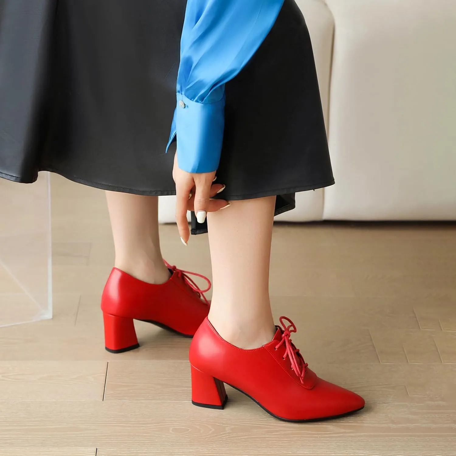 Women Vintage Chunky Heels Oxfords Pointed Toe Brogues Office Shoes