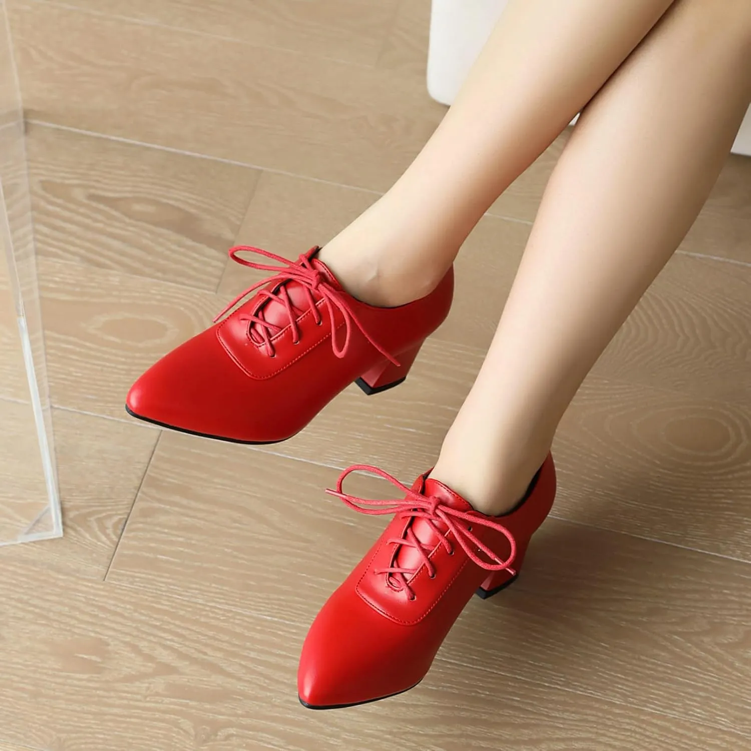 Women Vintage Chunky Heels Oxfords Pointed Toe Brogues Office Shoes
