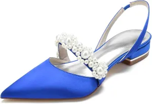 Women's Closed Toe Wedding Flats Slingback Pump Shoes with Pearls Wedding Comfort Low Heel Evening Dress Work Shoes,Satin Pearl Flats Pumps