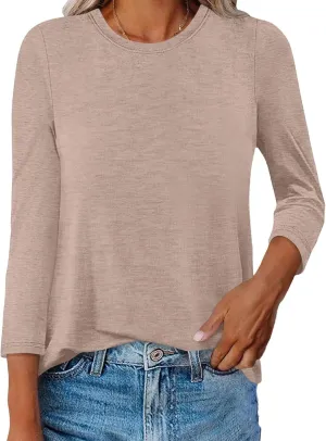 Womens Crew Neck 3/4 Sleeve T Shirts Casual Curved Hem Tunic Tops Basic Loose Fit Tees 2025