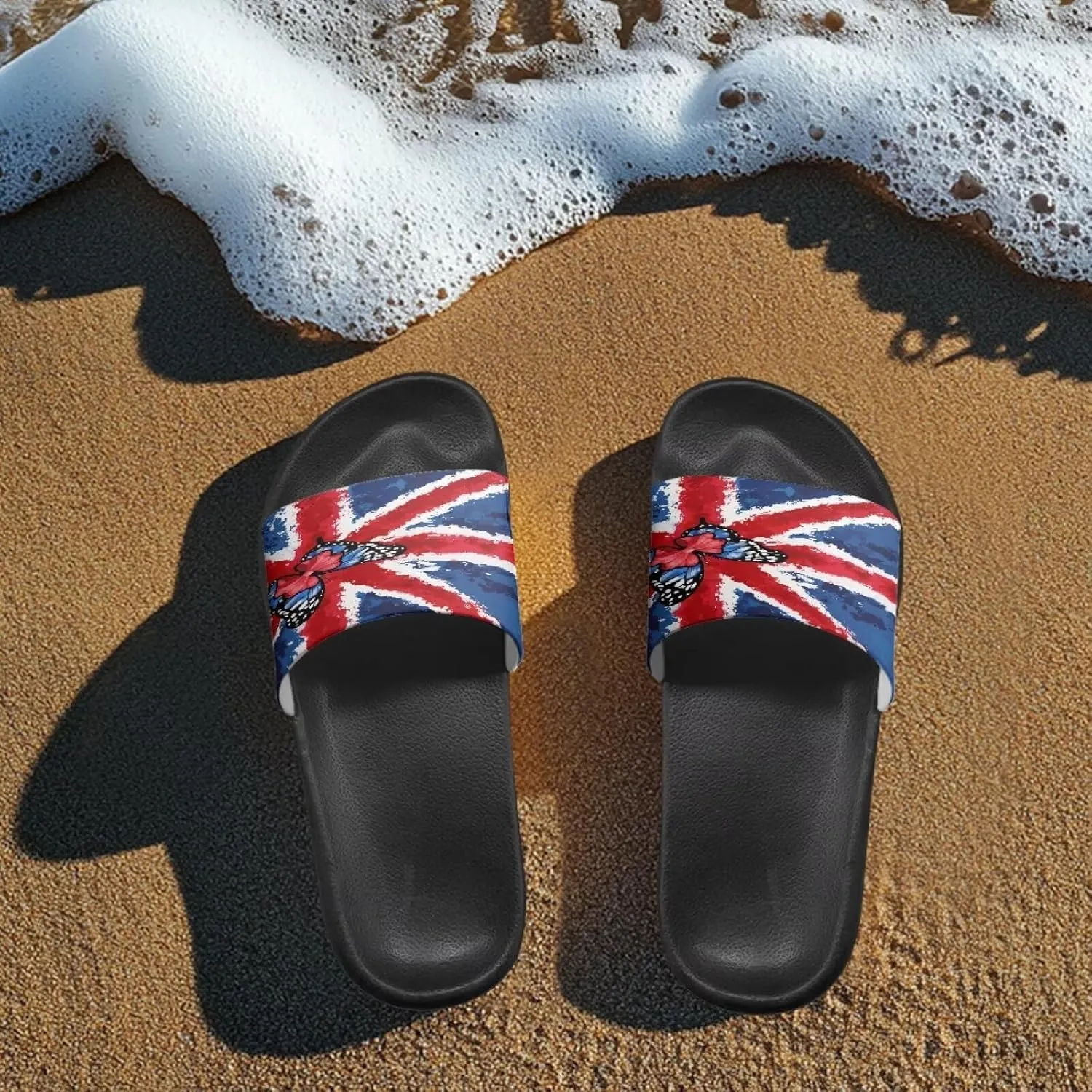 Women's Flag Print Shower Slippers Slide Flat Sandals Open Toe Beach Shoes for Indoor Outdoor
