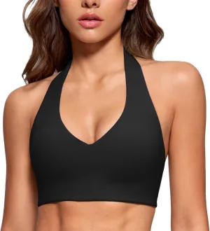 Womens Halter Longline Sports Bra Padded Low Back Yoga Bar Workout Crop Top with Built in Bra