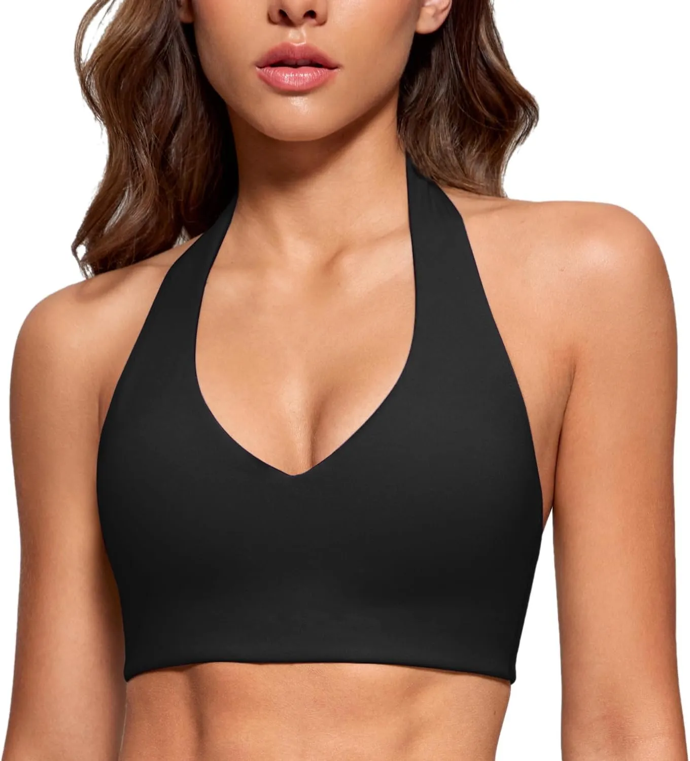 Womens Halter Longline Sports Bra Padded Low Back Yoga Bar Workout Crop Top with Built in Bra