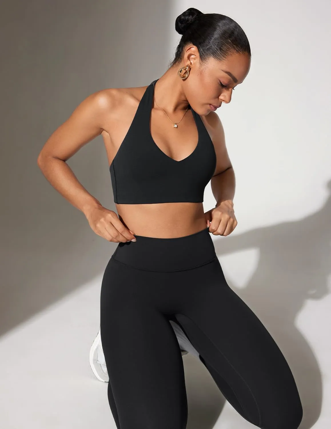 Womens Halter Longline Sports Bra Padded Low Back Yoga Bar Workout Crop Top with Built in Bra