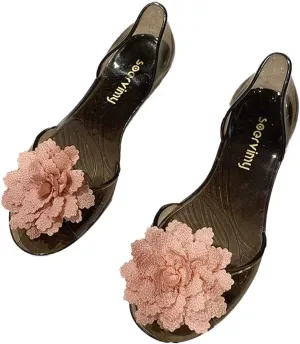 Women’s Jelly Shoes Cute Flower Non-Slip Flat Sandals Comfy Open Toe Clear Jelly Sandal for Outdoor Walking Beach