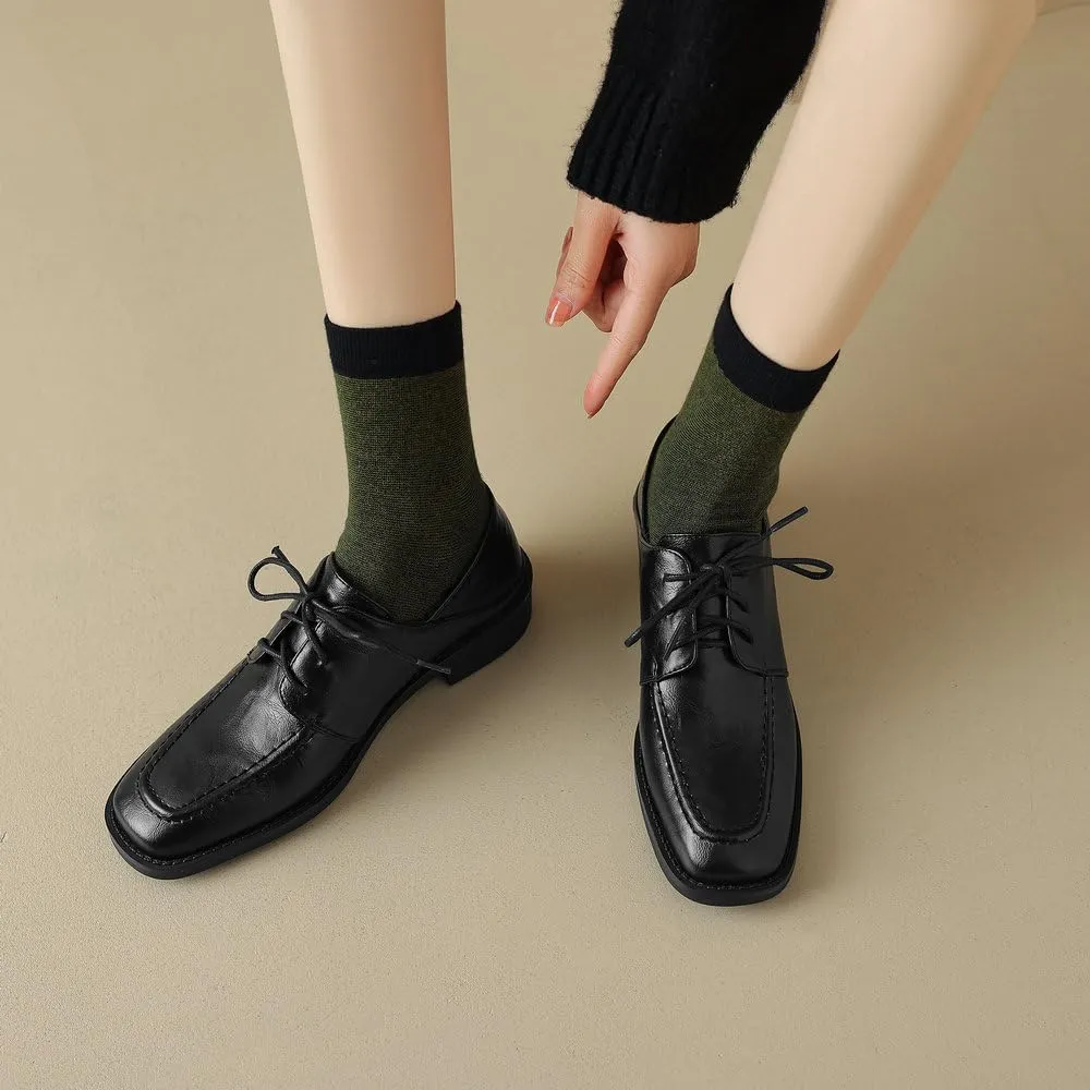 Womens Lace Up Oxfords Shoes Black Brown Retro Round Toe Comfy Low Heel Classic Oxford Brogues Vintage Shoes