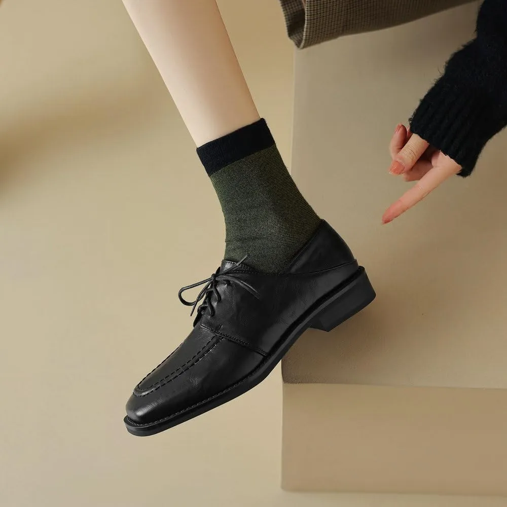 Womens Lace Up Oxfords Shoes Black Brown Retro Round Toe Comfy Low Heel Classic Oxford Brogues Vintage Shoes