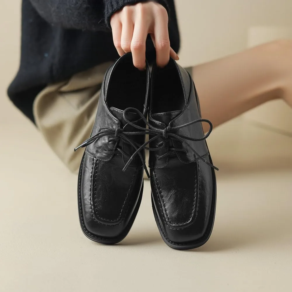 Womens Lace Up Oxfords Shoes Black Brown Retro Round Toe Comfy Low Heel Classic Oxford Brogues Vintage Shoes