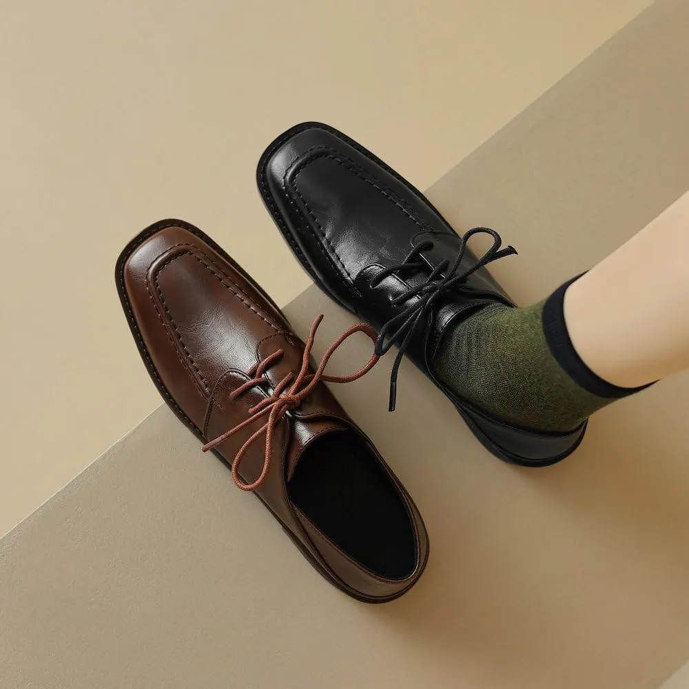 Womens Lace Up Oxfords Shoes Black Brown Retro Round Toe Comfy Low Heel Classic Oxford Brogues Vintage Shoes